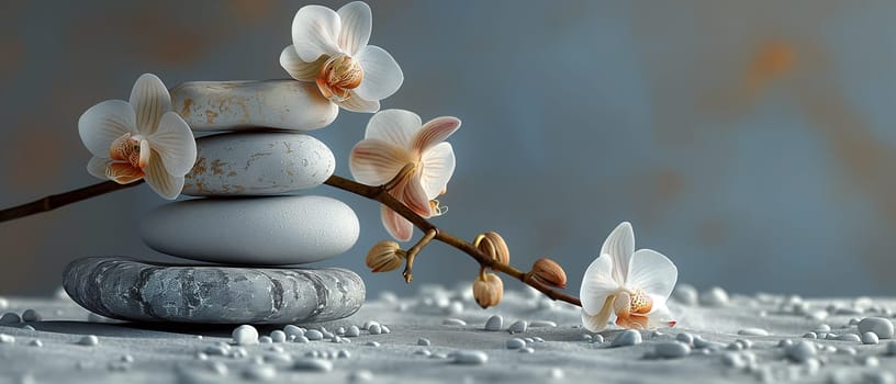 Zen stones and orchid branch. Selective focus.