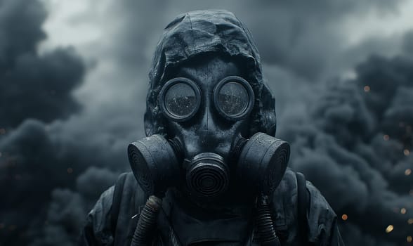 A man in a gas mask against a background of black smoke. Selective focus