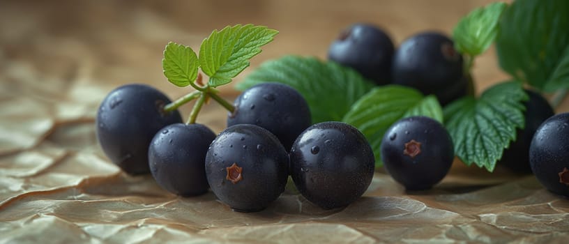 Blackcurrant berries and green leaves on wrinkled paper. Selective soft focus.