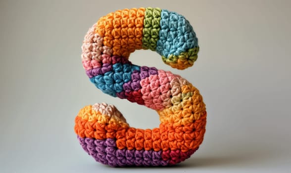 Knitted colored letter S on an abstract background. Selective focus.