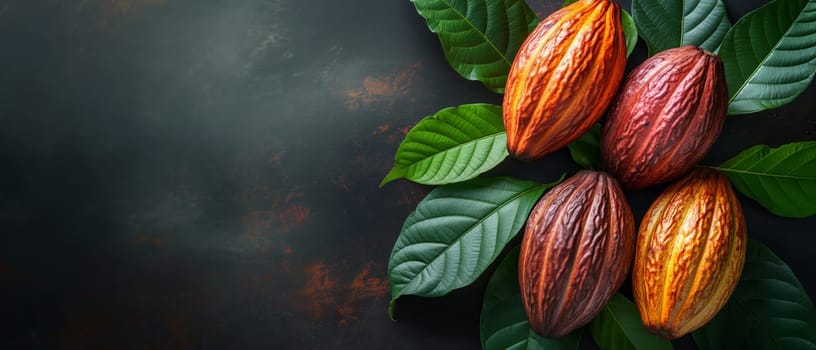 Cocoa fruits and green leaves on a dark background. Selective soft focus.