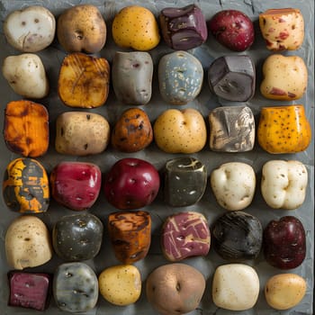 A colorful array of potatoes sit on a rustic wooden table, ready to be turned into a comforting and delicious local cuisine. These ingredients offer versatility and sweetness to any dish
