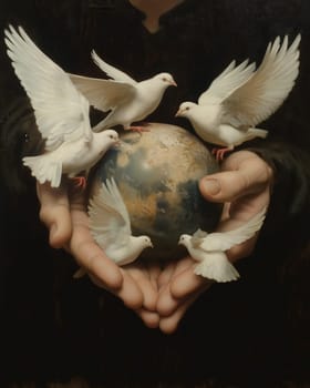 Hands Cradling Earth Surrounded by Doves. Selective focus.