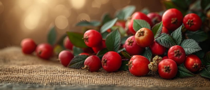 Red Berries and Green Leaves on Branch. Selective focus.