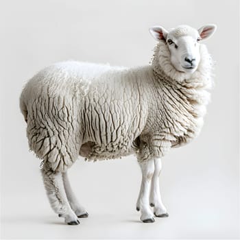 A terrestrial animal from the cowgoat family, the sheep is standing on its hind legs displaying its furry white coat and distinctive snout in an artful pose against a plain white background