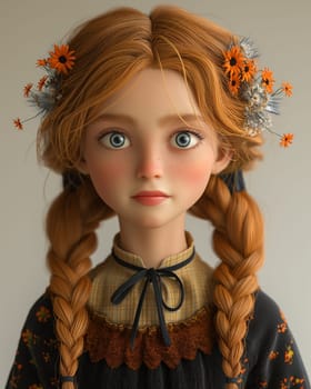 Cartoon, 3D girl in a national traditional European outfit. Selective focus