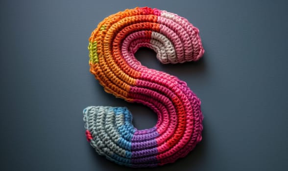 Knitted colored letter S on an abstract background. Selective focus.