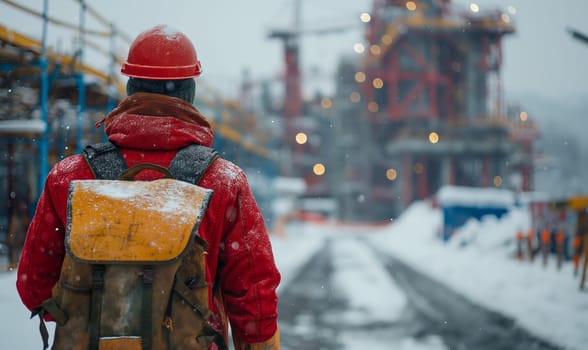 Worker at a construction site in winter, rear view. Selective soft focus.