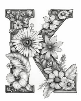 Coloring book for children letter K with flowers. Selective focus