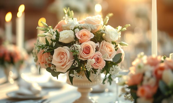 Floral arrangement of various flowers on the festive table. Selective focus