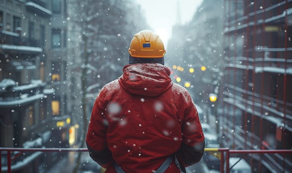 Worker at a construction site in winter, rear view. Selective soft focus.