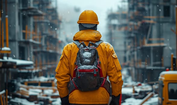 Worker at a construction site in winter, rear view. Selective soft focus.