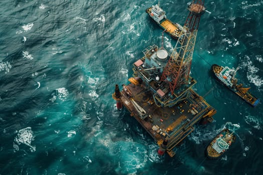 An offshore oil rig is stationed in open sea, while a tugboat maneuvers nearby, creating ripples in the water.