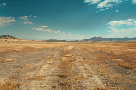 A dirt road cuts through a vast expanse of dry grass field under a clear sky.