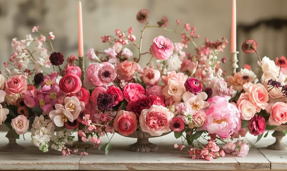 Floral arrangement of various flowers on the festive table. Selective focus