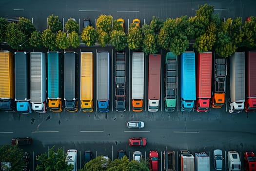 Numerous cars fill a parking lot in this aerial view.