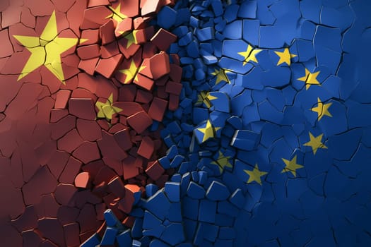 Cracked and fragmented flags of China and the European Union illustrate rising tensions, disagreements, and potential conflict between the two entities.