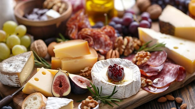Various cheeses and meats arranged on a wooden cutting board.