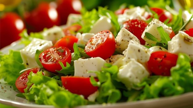 A green salad featuring ripe tomatoes, crisp cucumbers, and creamy mozzarella cheese.