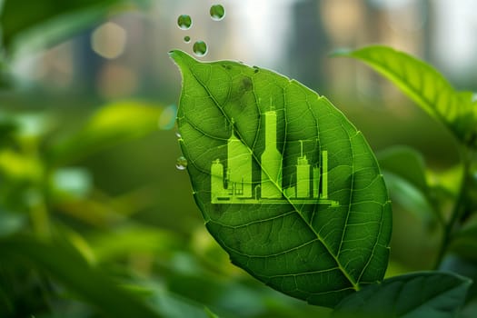 A detailed view of a green leaf with water droplets reflecting an urban city skyline, set against a blurred park background in the early morning.