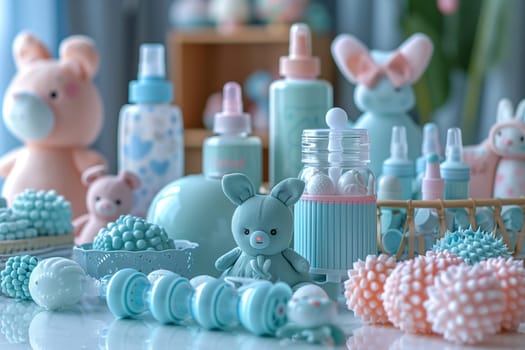 A detailed view of numerous baby items neatly arranged on a table, including diapers, toys, bottles, and clothing.