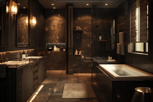 A modern bathroom with a bathtub, sink, and mirror. Clean and functional design with white walls and tiled floor.