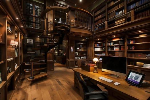 A room featuring a desk, bookshelves filled with books, and a laptop open and in use.