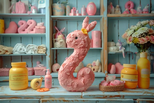 A pink sculpture of a rabbit placed on a table, showcasing intricate details and vibrant color.