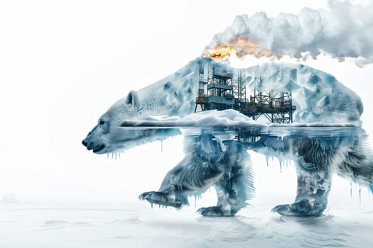 A polar bear standing in the foreground with a factory emitting smoke in the background, symbolizing the impact of industrial activities on polar ecosystems.