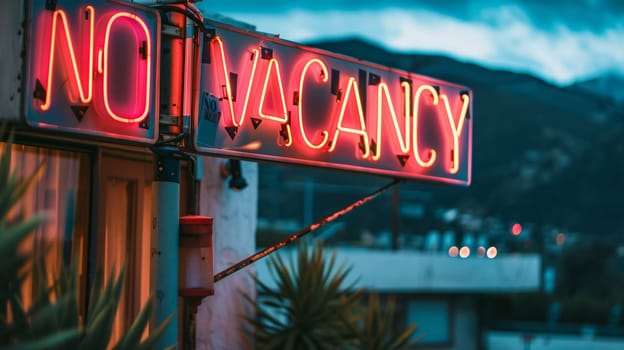 A bright neon sign with the words no vacancy lit up in bold letters against a dark background.