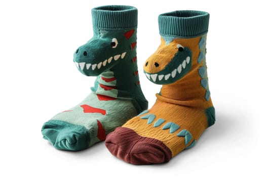 A pair of bright and colorful socks featuring dinosaur patterns, perfect for adding a fun touch to any outfit.