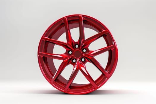 A red wheel placed on a plain white background, showcasing its vibrant color against the stark contrast.