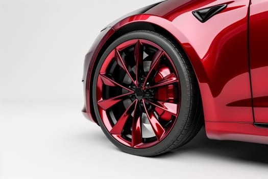 Detailed close-up of a vibrant red car tire on a plain white background, showcasing the texture and design of the tires tread and rims.