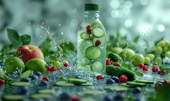 Glass Bottle Filled With Cucumbers and Berries. Selective focus.