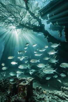 A large group of fish swimming together under a tree in the water, creating a mesmerizing sight as they move gracefully.