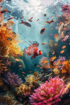 A view of a diverse coral reef teeming with colorful fish swimming among the vibrant coral formations in the clear blue water.