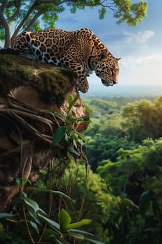 A leopard is relaxing on top of a cliff in the lush jungle environment.