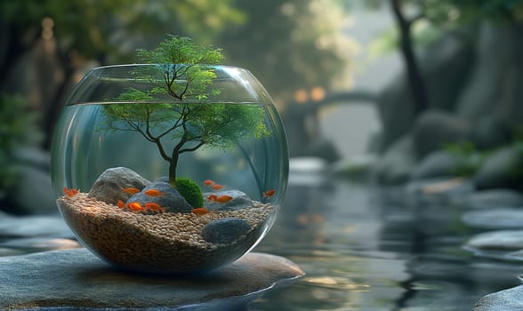 Fish Bowl Filled With Water and Trees. Selective focus