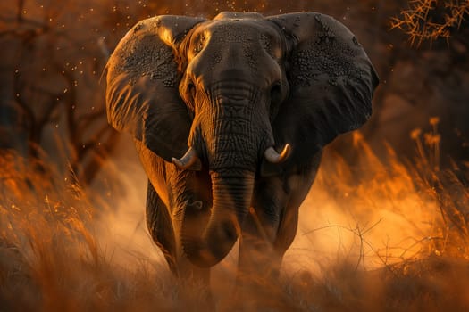 An elephant moves gracefully through a field of tall grass, surrounded by lush greenery and under a clear sky.