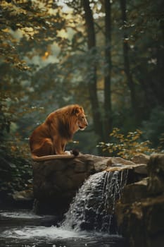 Majestic lion sitting atop a rock near a rushing waterfall in a natural habitat.