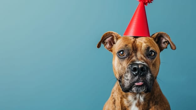 A brown dog is wearing a red party hat in this lively scene.