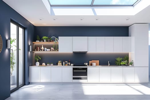 A kitchen flooded with natural light from a skylight above, illuminating countertops and appliances.