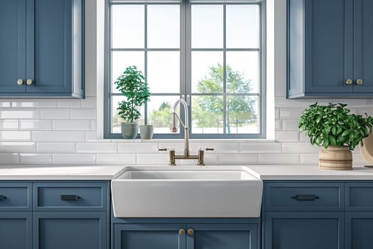 A kitchen with blue cabinets and white countertops. The cabinets are neatly arranged, and the countertops gleam under the bright lighting.