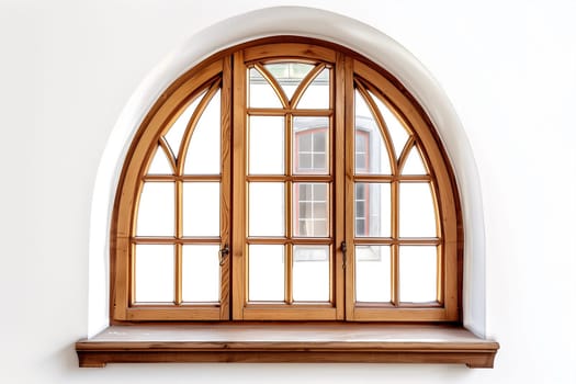A wooden-framed window set against a plain white wall.