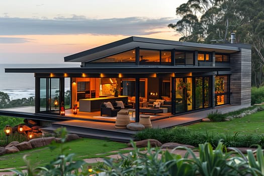 A modern house with large windows offers a stunning view of the ocean on a sunny day.