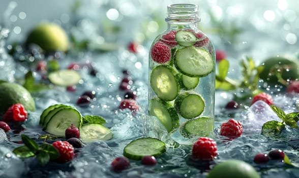 Glass Bottle Filled With Cucumbers and Berries. Selective focus.