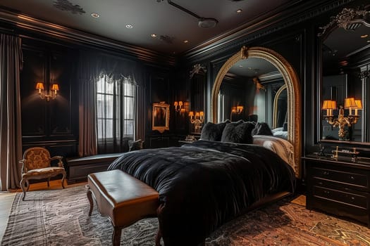 A bedroom with black walls featuring a spacious, modern bed as the focal point.