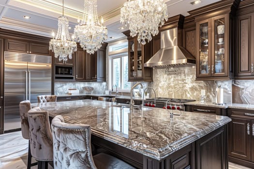 A large kitchen featuring a central island and elegant marble countertops, ideal for cooking and gathering with family and friends.