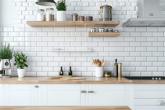 A kitchen featuring white brick walls and wooden counters.