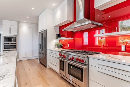 A modern kitchen featuring a stove, oven, microwave, and cabinets for storage and cooking.